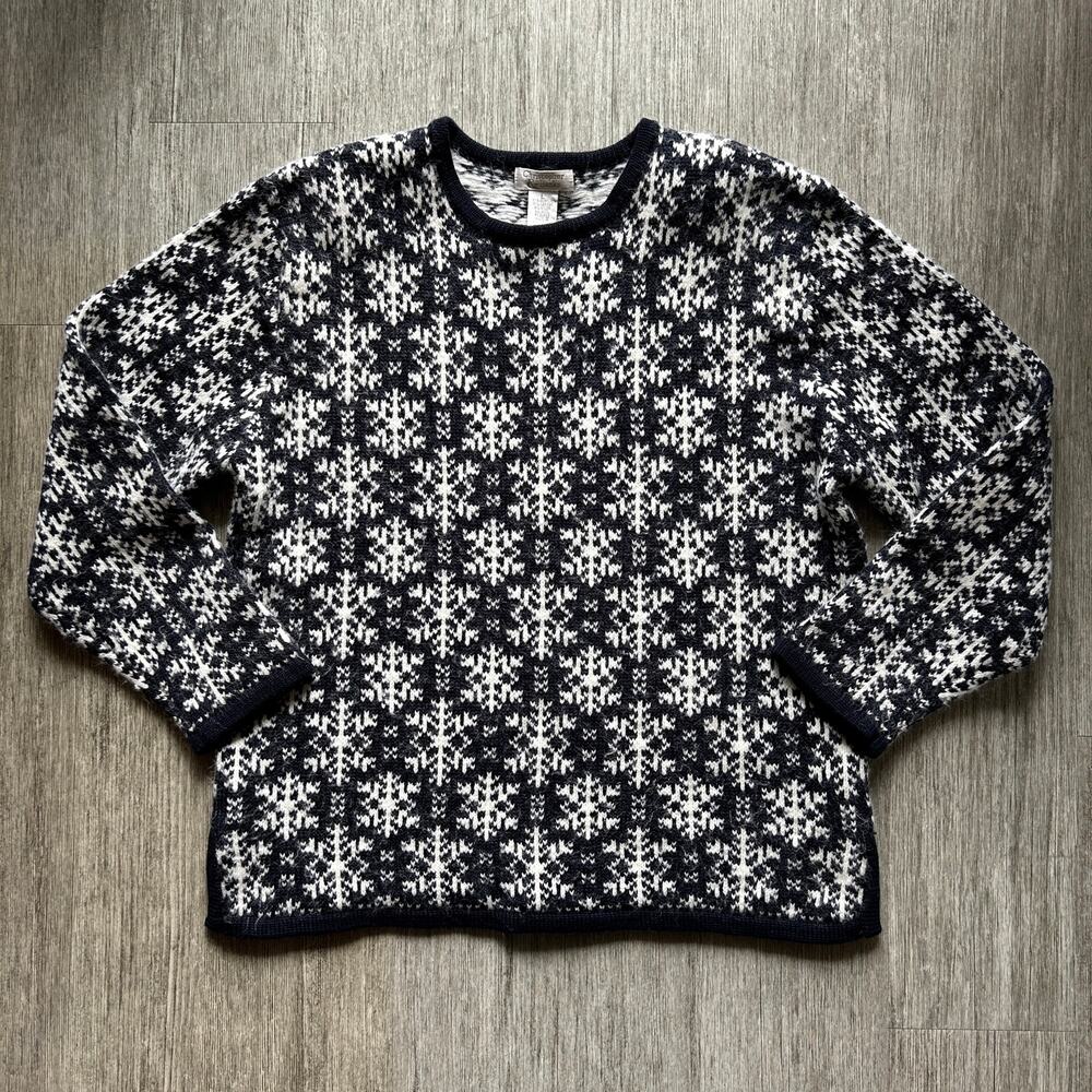 Christopher & Banks Navy Blue/White Snowflake Knit Crewneck Sweater Size Large